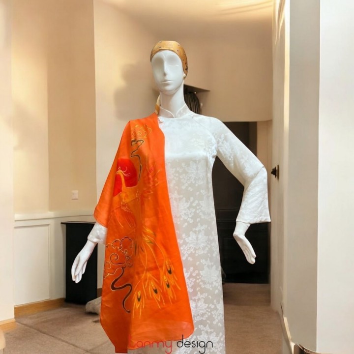 Khăn gai dài màu cam đậm vẽ tay hình tùng hạc 70*190cm